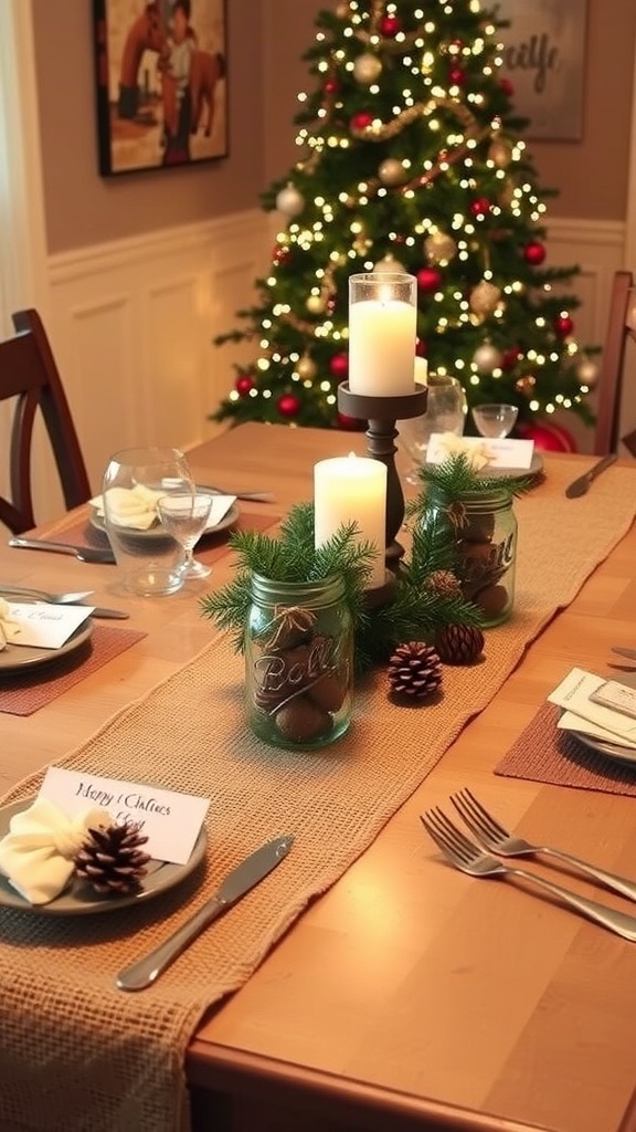 A festive Christmas table setting with DIY decorations including mason jars, candles, and handmade place cards.